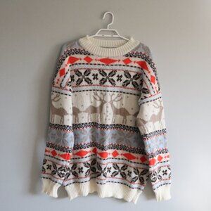 Womens Christmas Sz L/XL Geometric Animal Relaxed Pullover Stretch‎ Sweater